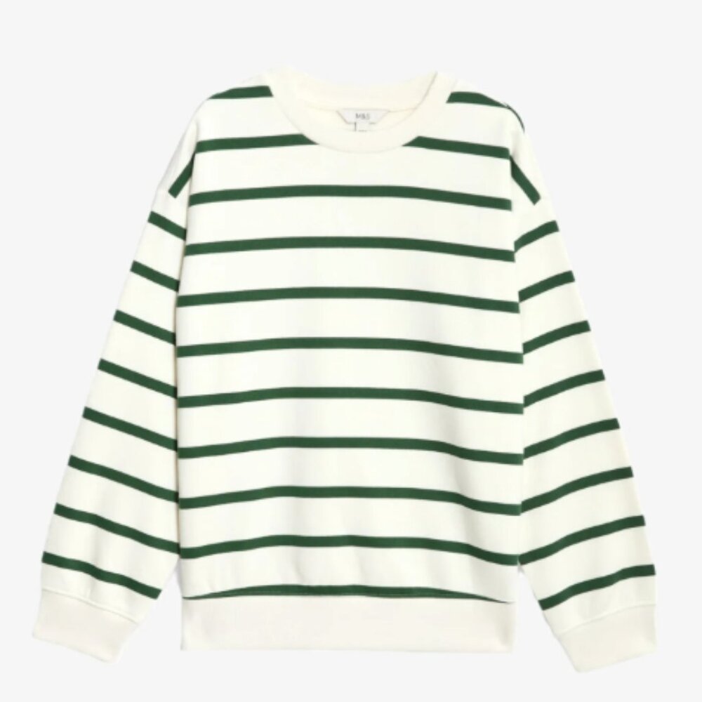 Marks & Spencer Women's Cotton Rich Striped Sweatshirt Long Sleeve Top Green